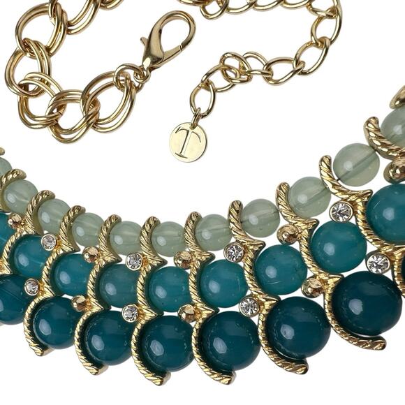 Talbots Beaded Bib Necklace Blue Green Clear Rhinestone Accents Gold Tone Chain - Picture 7 of 13